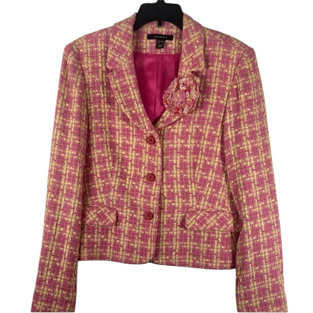 Pink and Yellow Tweed Style Blazer by Louben Size 12